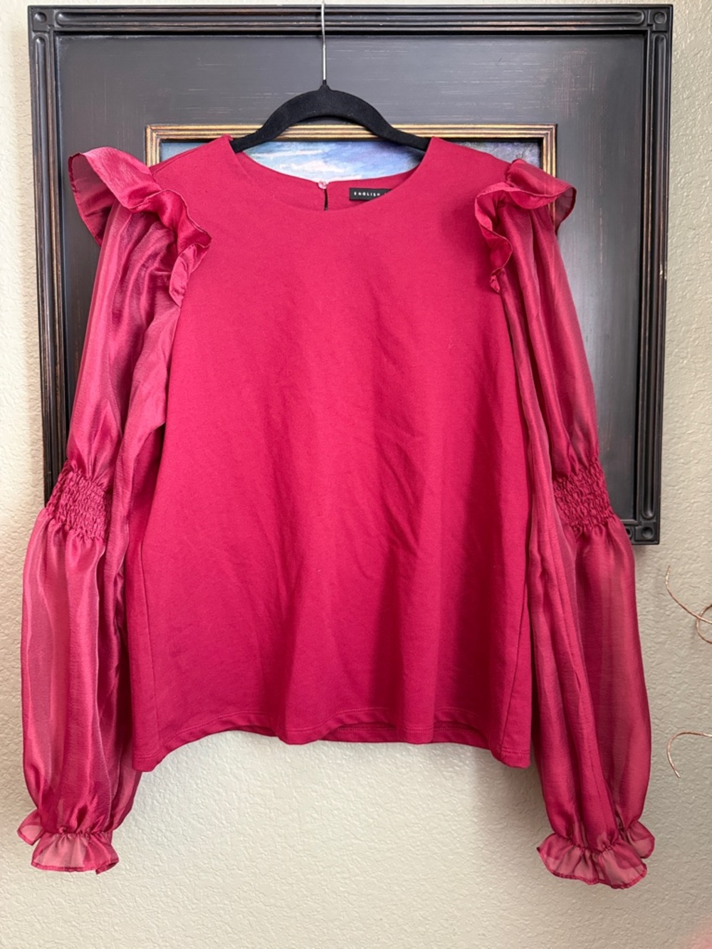 English Factory Maroon Ruffle Sleeve Long Sleeve Top Size L